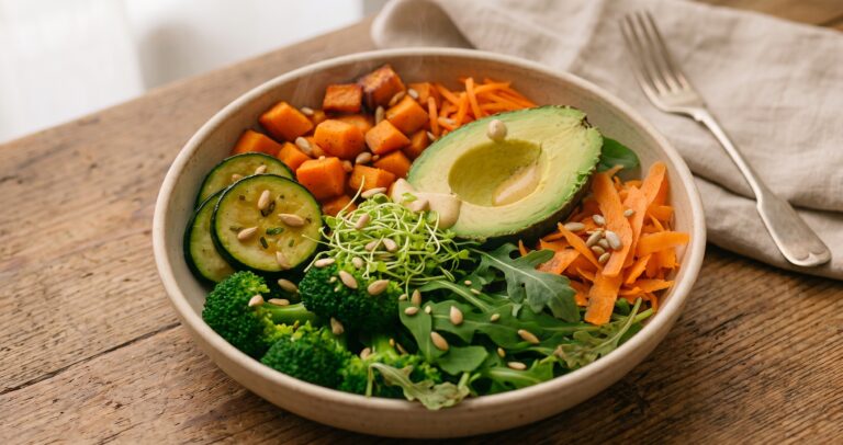Basische Bowl mit Süßkartoffel, Brokkoli, Avocado und Sprossen