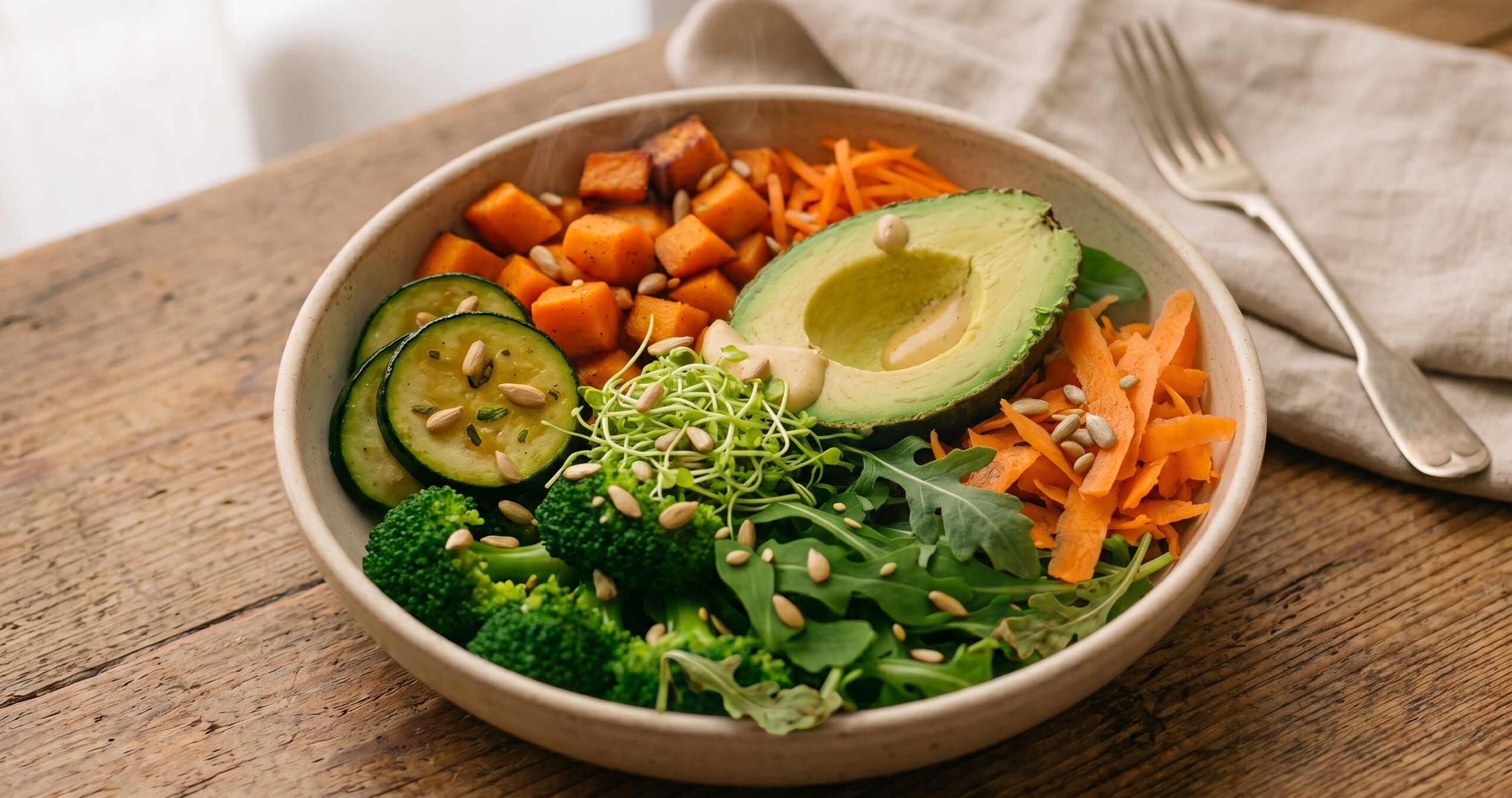 Basische Bowl mit Süßkartoffel, Brokkoli, Avocado und Sprossen